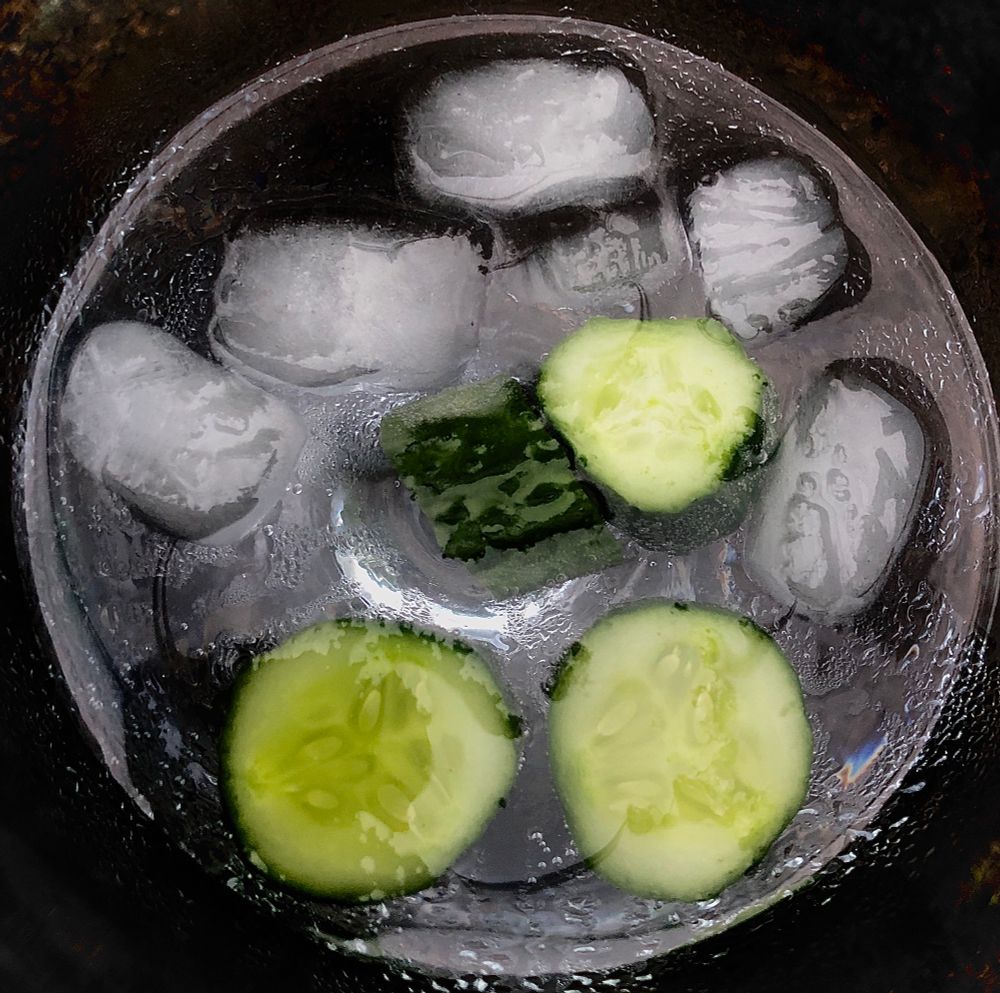 We’re looking down into a bowl glass containing Tanqueray gin, Fever Tree tonic, some ice cubes and a few pieces of small, sliced cucumber 🥒 