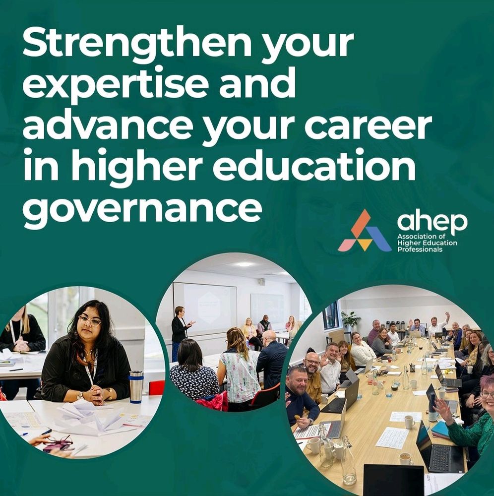 Advert for new professional development programme. Includes images of professional staff and text: Strengthen your expertise and advance your career in HE governance. 