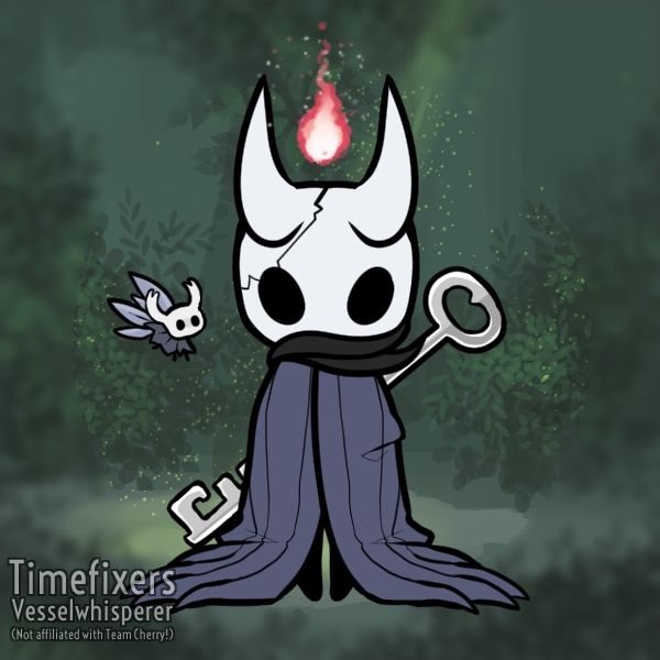 Foto de boneco estilo hollow kngth, criado por picrew, semelhante ao protagonista, mas tem um par de chifres mais estilo diabinho, com fogo flutuando entre eles, usa uma capa mais longa e um cachecol e carrega uma chave gigante nas costas e tem uma rachadura lado direito da máscara