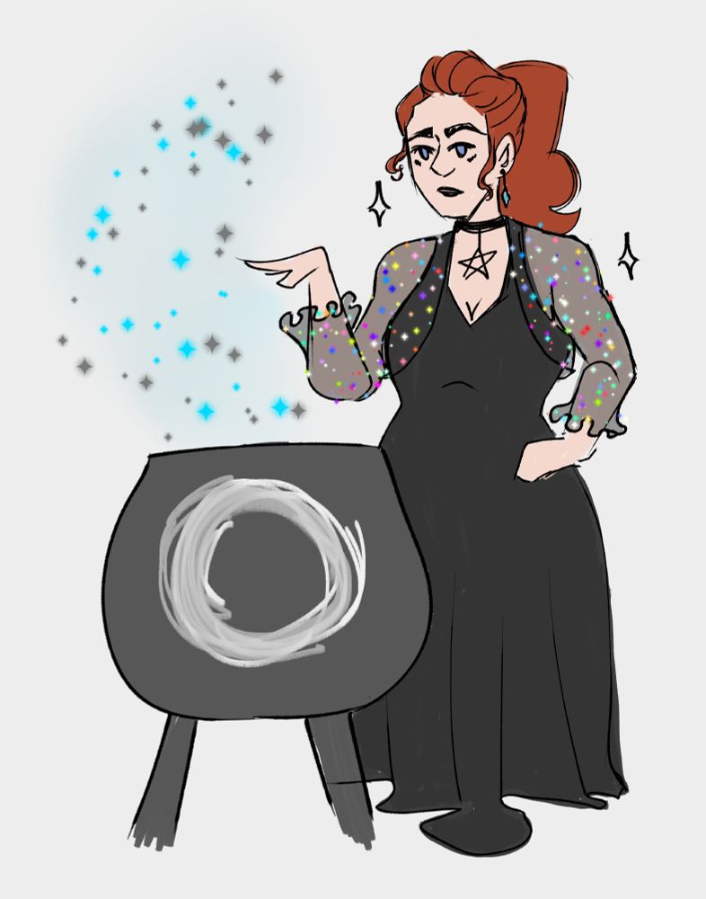 Rough digital drawing of Jesse Faden from Control 2019. She wears a black slip dress with a sheer, rainbow glitter, long sleeved bolero cardigan, and a black choker with a star pendent. She stands behind a cauldron decorated with a rough white circle on the front. 