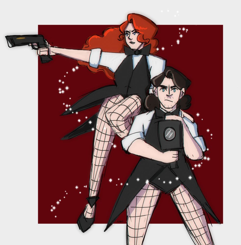 Digital drawing of Jesse Faden (Control 2019) and Tom Zane (Alan Wake 2) They are both wearing white shirts with rolled up sleeves, black bow ties, black waistcoats with tails, and fishnet tights. Jesse is floating above and behind Zane, leaning on his shoulder and holding the service wepon out to the left. Zane faces forward holding his film camera in front of him. The are surrounded by a swirl of sparkles on a red background.