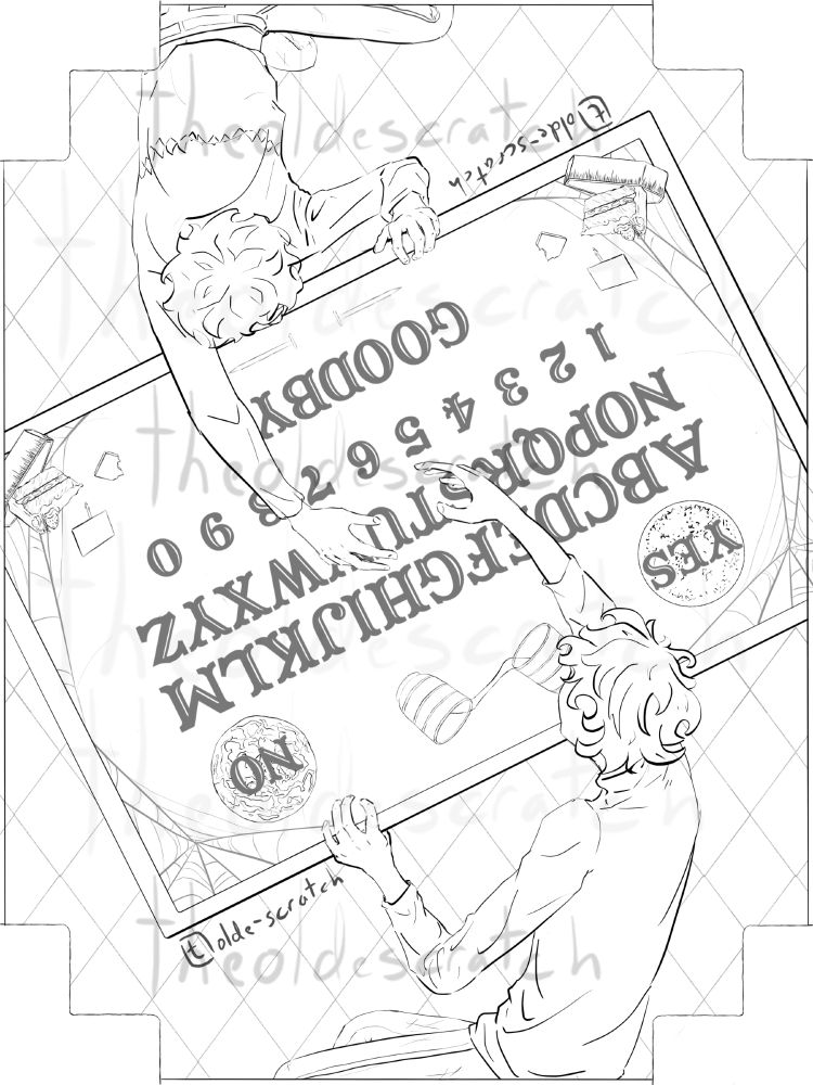 An uncolored image of Souichi and Souji Tsujii reaching for each other over a ouija board. The board has spiderwebs on the corners, cake in coffins on the bottom, circles around the yes and no, and two cups pouring into each other for a logo.