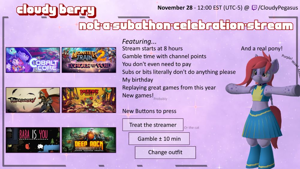 Announcement for a special stream on November 28 - 12:00 EST (UTC-5) at twitch.tv/CloudyPegasus