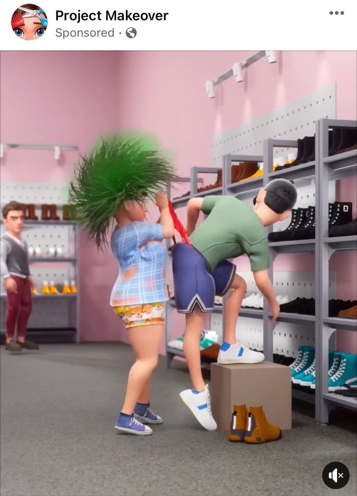 screenshot of the mobile game Project Makeover. The screenshot is a stinky woman giving a guy trying on shoes a wedgie. No, it doesn’t make sense