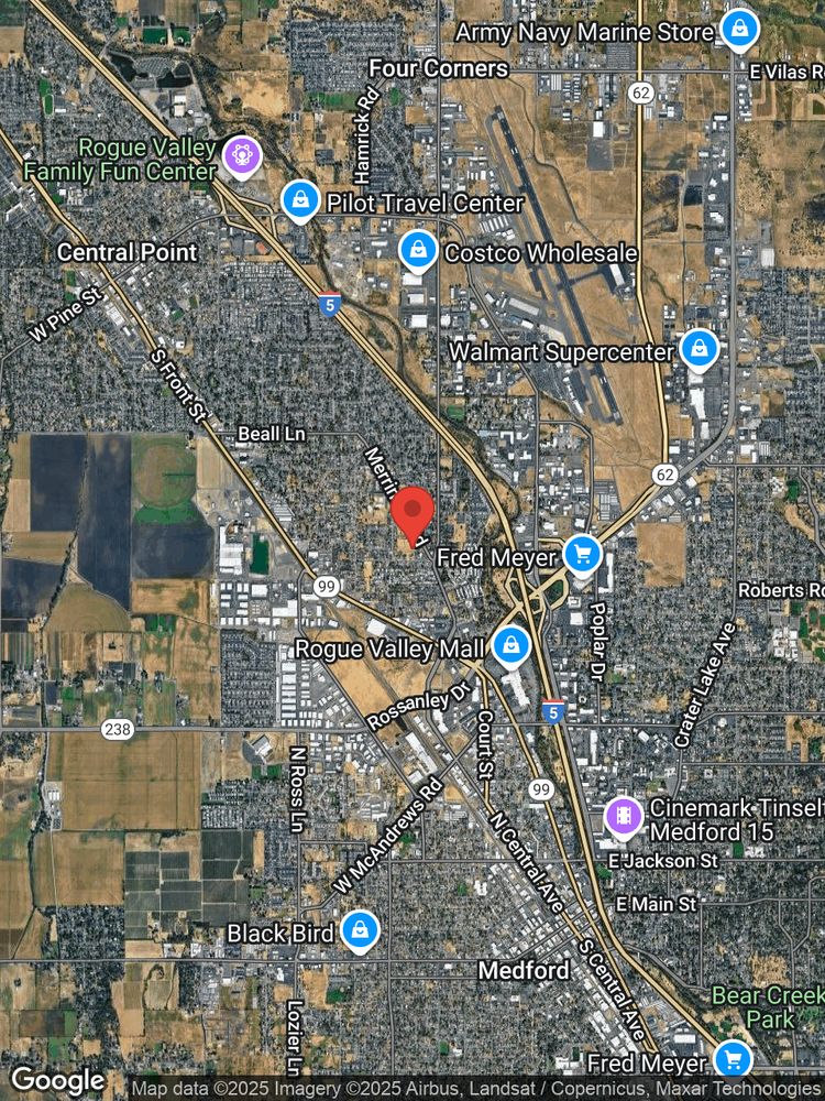 Google map image with center point at 2559 MERRIMAN RD, MEDFORD, OR.