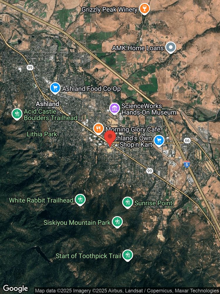 Google map image with center point at 1400 SISKIYOU BLVD, ASHLAND, OR.