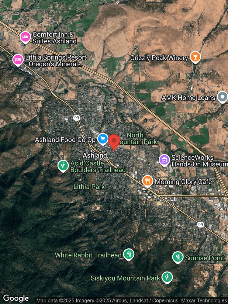 Google map image with center point at 215 4TH ST, ASHLAND, OR.