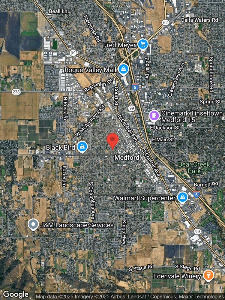 Google map image with center point at 36 N PEACH ST, MEDFORD, OR.