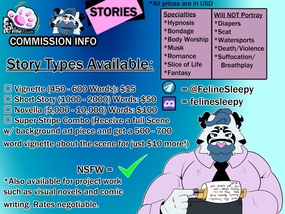 A breakdown of my writing commission lengths and corresponding prices. 