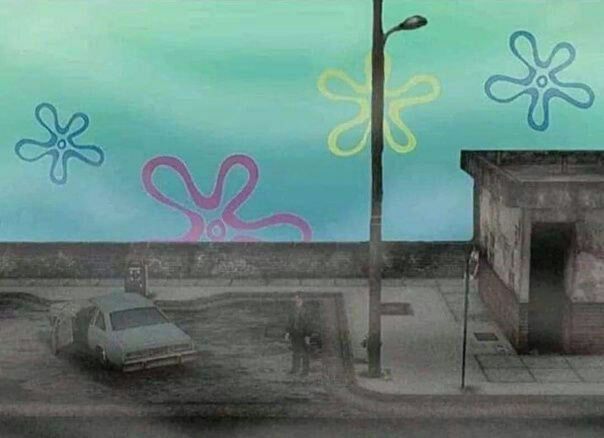 A foggy and desaturated Silent Hill screenshot, against the bright and colorful sky from Spongebob.