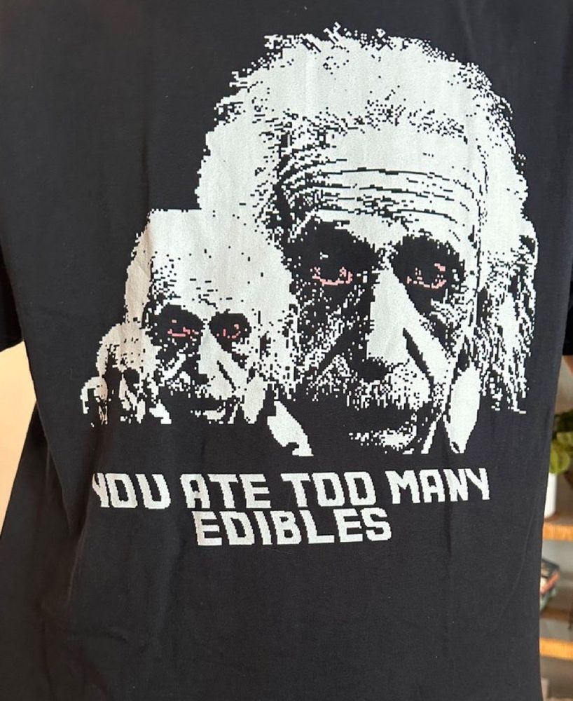 A black graphic tee with black-and-white pixel art of Albert Einstein visibly high and distraught. The art is duplicated a few times and scaled down sequentially to the left. The text below the art reads "YOU ATE TOO MANY EDIBLES" in all caps.