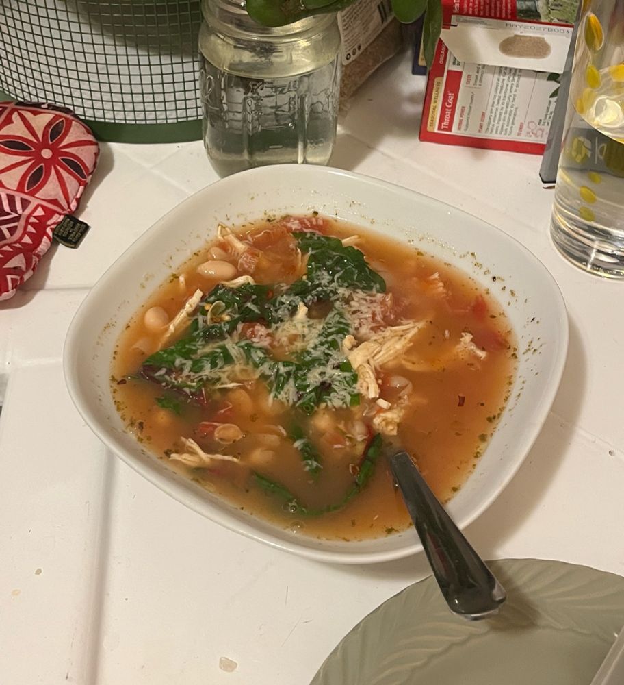 Bowl of soup: chicken, chard and white bean