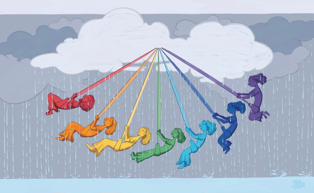 Digital illustration of a rainbow of girls swinging from a cloud in the rain. The drawing shows a girl with curly hair through different snapshots of a swing each representing a color of the rainbow.