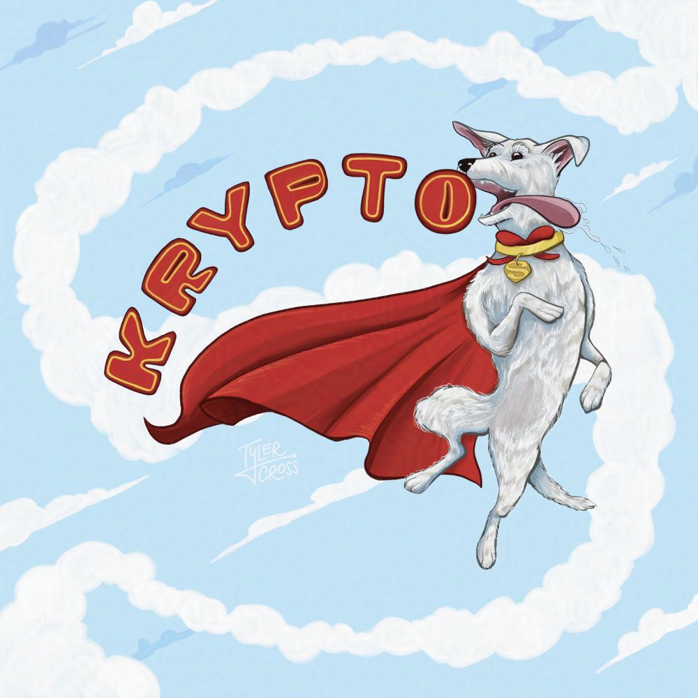 Digital illustration of Krypto the Superdog from the recent movie "Superman". Krypto looks like a small white mutt with big ears wearing a golden collar with a Superman S emblem tag and a red cape to match Superman's. "KRYPTO" is hand lettered in red bubble letters and a gold inline. Krypto is shown excitedly flying up to catch the "O" like a ball.