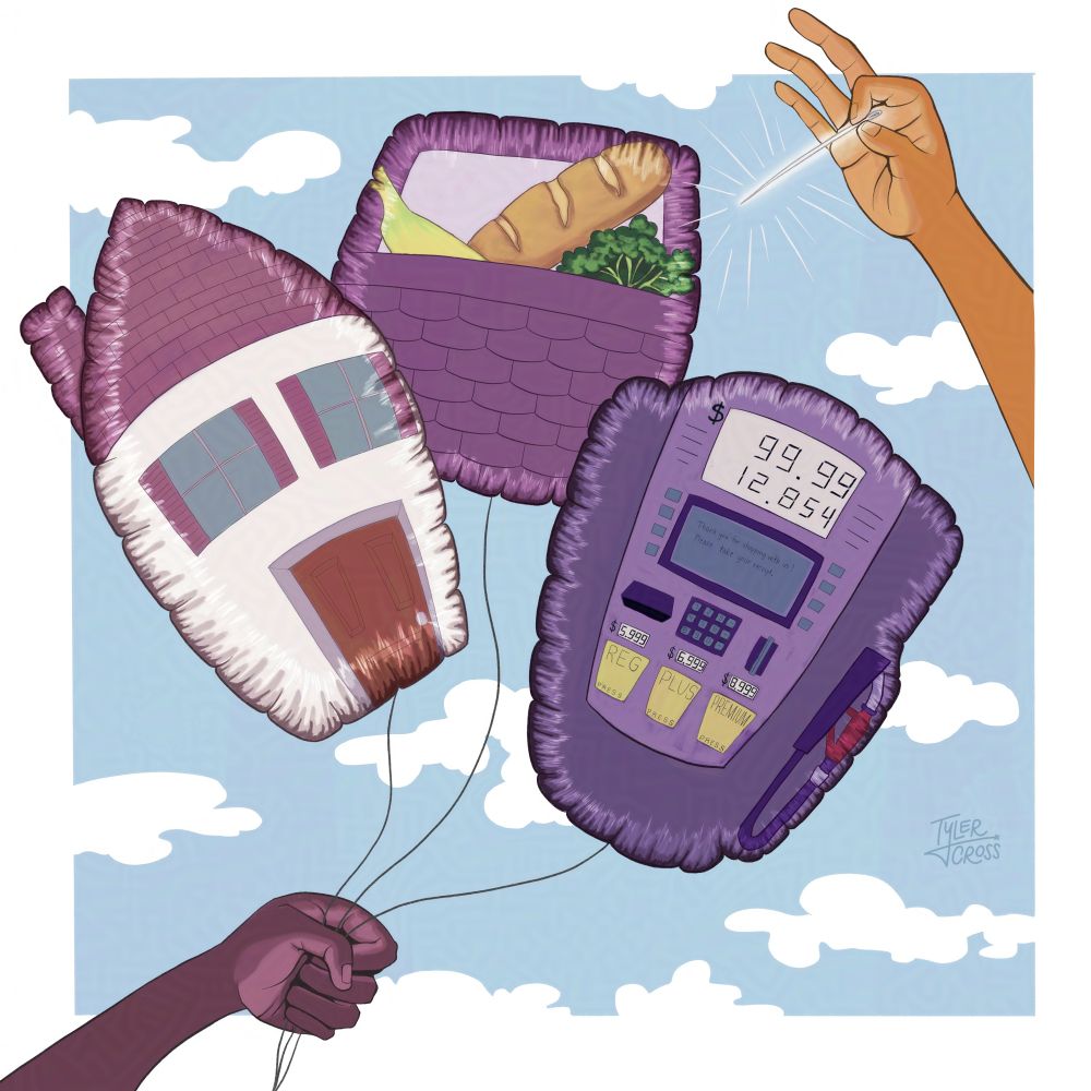 Digital illustration of 3 balloons that represent inflation of cost of living in the U.S. One balloon is a house, one is a gas station pump, and one is a basket filled with groceries. A hand in the bottom left is holding the balloons, while an orange hand in the top right holds a needle and is ready to pop the balloons. 