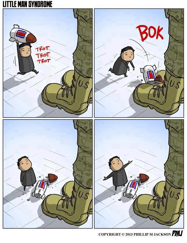 cartoon where a tiny kim jong un rubs up with a tiny rocket, smashes it on a boot taller than he is, connected to a US soldier. it falls to pieces harmlessly then he does a defiant “sup bitch” pose