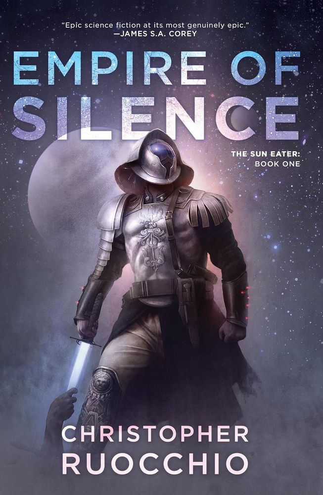 Cover image for Chrisopher Ruocchio's "Empire of Silence" which is book one of the Sun Eater series.

The cover depicts a mysterious masked masculine figure wearing parts which look like medieval armor, weilding a glowing white sword at his side. His legs and the sword disappear in a mist or fog, and a hand is reaching out of the fog grasping his glowing sword.