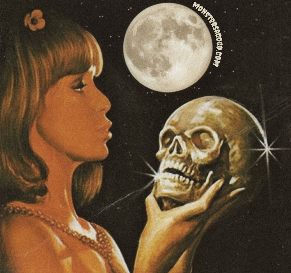 Moonlight conversations with the things we’ve lost. #Horror #MoonlitBones #GothicRomance #SkullWhisper #VintageHorrorArt #MonstersAGoGo