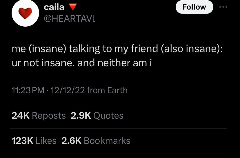 celia (@HEARTAVl) on twitter tweets: 

me (insane) talking to my friend (also insane): ur not insane. and neither am i