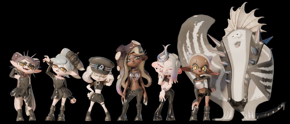 A 3d render of the "Now or Never Seven" from Splatoon. They are wearing the "Grand Fest" outfits which are coloured to be black instead of white