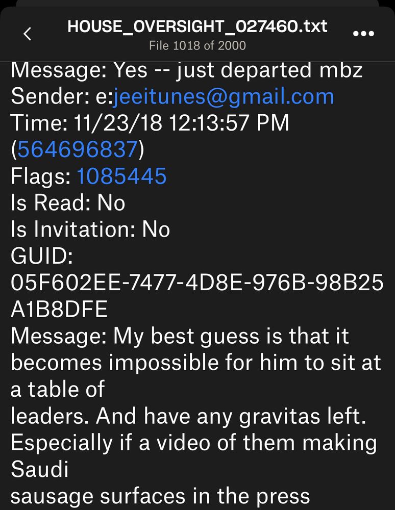 HOUSE_OVERSIGHT_027460.txt
Epstein talks about Kashoggi’s murder possibility of video in crude terms “Saudi sausage”