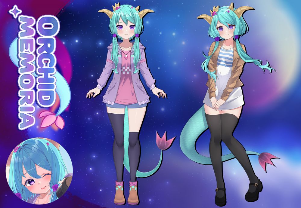 A reference sheet of Orchid from various angles.
Orchid has purple eyes, sea green hair in loose twintails, four horns along with some crystals. She's wearing casual outfit with a hoodie on the left image while she's wearing a formal outfit with a tan jacket on the right.