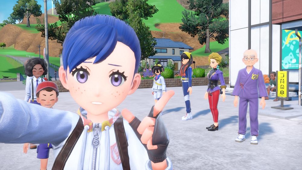Orchid's Pokemon Violet character, a girl with blue hair and purple eyes, wearing a white tracksuit. She's pointing to a bunch of people behind her.