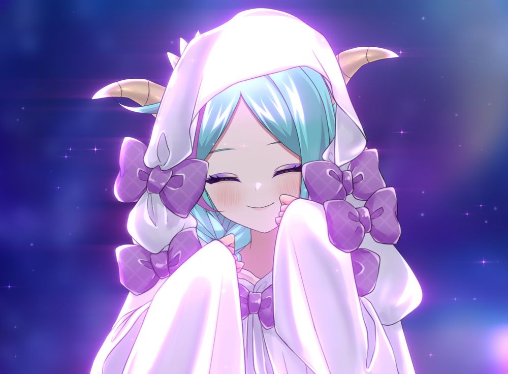 Orchid wrapped in a white blanket with pink bows. Her eyes are closed and shes happy.