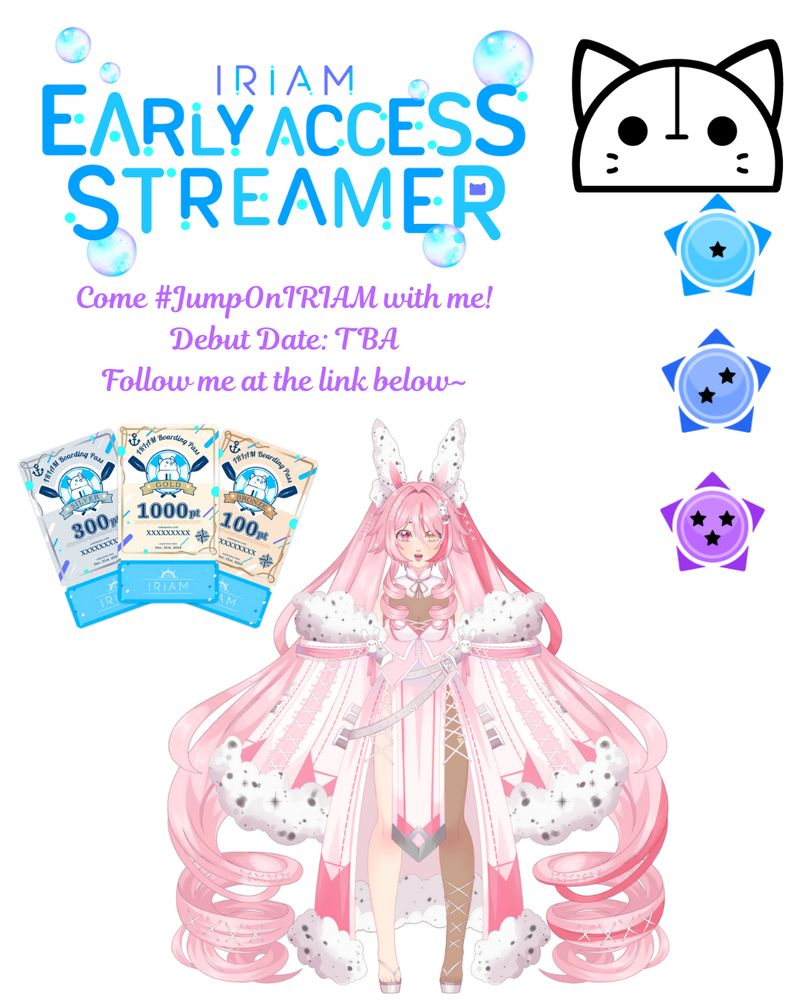 A promotional post for IRIAM, with Shirasu, fan badges, the Early Access Streamer logo, and a set of IRIAM boarding passes. Magnolia is in pink and white at the bottom. 