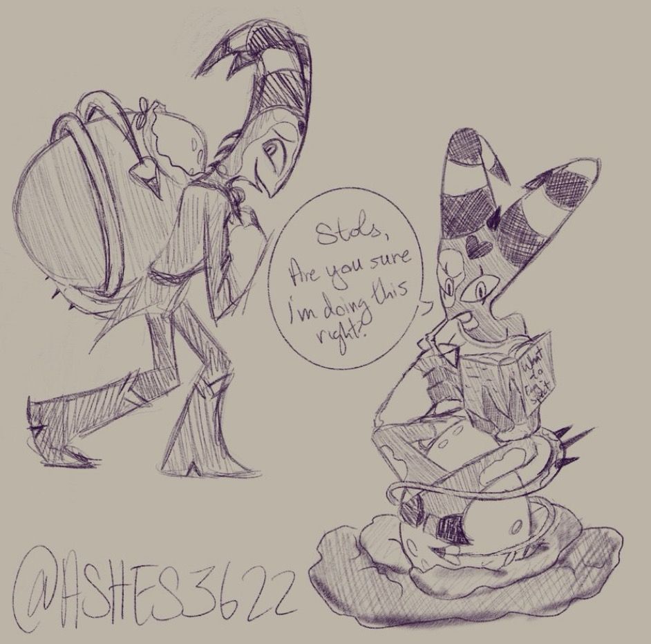 Two sketches of Blitzø with a large egg. One has Blitzø sitting on the egg while reading a parenting book and the other has Blitzø carrying the egg on his back in a cinched bag.