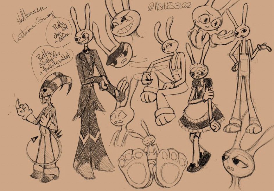 A page of sketches of Jax from The Amazing Digital Circus in different poses and expressions. Also features an outfit swap with Blitzø from Helluva Boss!