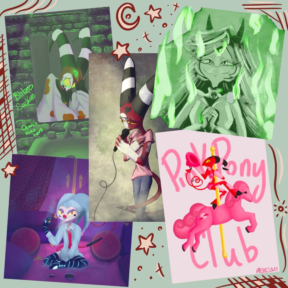 More examples of Ashes’ artwork, including; Blitzø crying in the mirror in a public bathroom with green lighting, Blitzø singing tenderly into a microphone, a photograph of Tilla burning, Fizz smoking on a bed, and Blitzø as a pinup riding on a carousel horse while dressed in pink cowboy gear with the words “pink pony club” behind him.