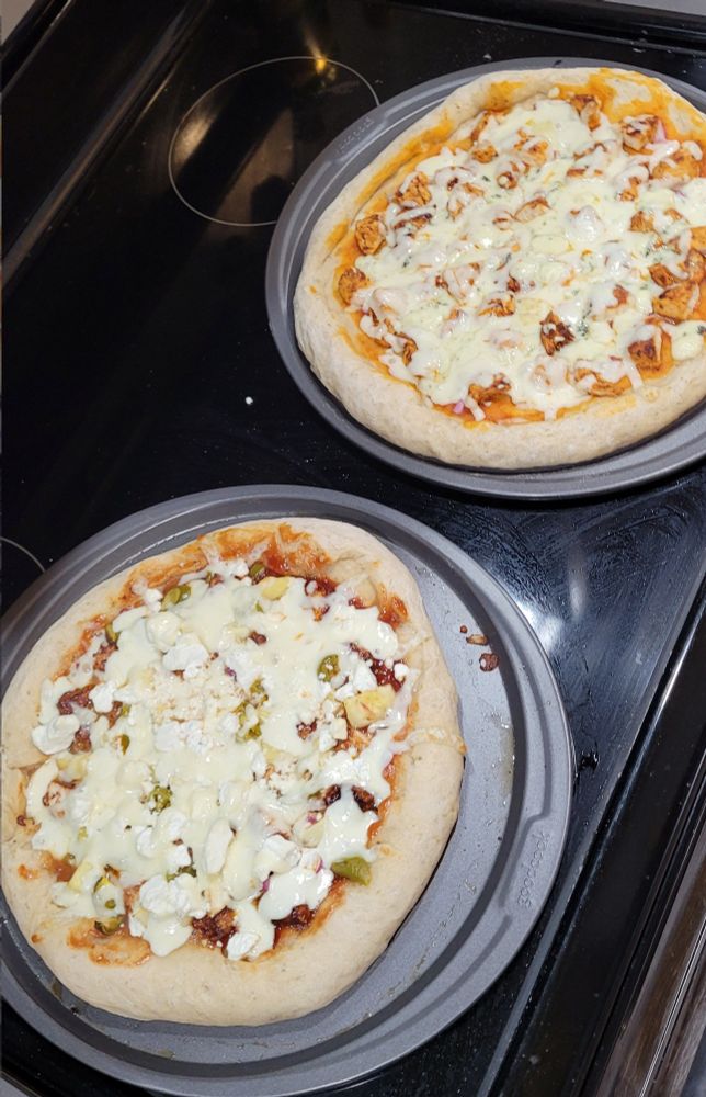 Buffalo chicken & BBQ chicken pizzas on sourdough crusts