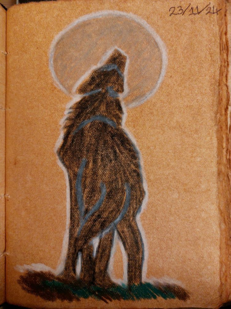 Crayon drawing of a howling wolf silhouette, against a silver full moon, on brown paper. There is a date written in the corner.