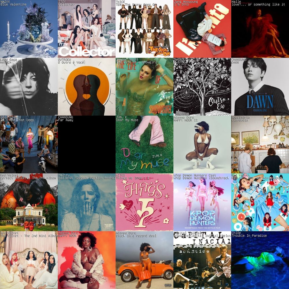Nmixx - Blue Valentine 
Itzy - Collector 
Twice - Ten the story goes on
Jang Wooyoung - I'm into 
Halle - Love... or something like it 
Lady Gaga - Mayhem 
Outroeu  - O outro é você 
Taylor Swift - The life of a showgirl 
Outroeu - Outroeu 
Chansung - Dawn 
Demi Lovato - It's not that deep 
Chansung - Far away 
Jun. K - Dear my muse 
Adenna Deru - Nappy haour II
Anavitoria - Claraboia
Rede Velvet - Velvet Festival 
 Halsey - Badlands 
HITGS - Things we love 
Kpop demon hunters
Red Velvet - Rookie 
Red Velvet - the Velvet 
Adanna Deru - Nappy hour 
Adanna Deru - Stuck in a record deal 
Capital inicial - Acústico 
Chloe - Trouble in paradise 