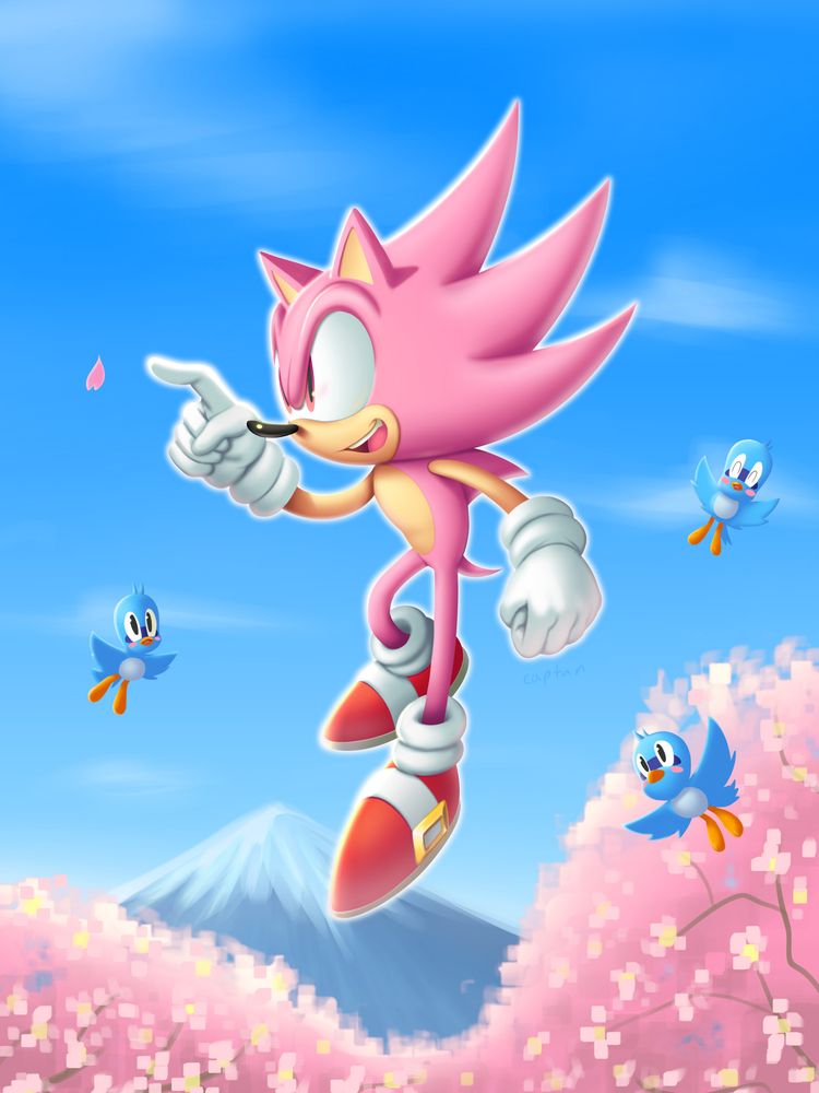 Sakura colored super sonic, with cherry blossoms and something resembling mt fuji behind him.