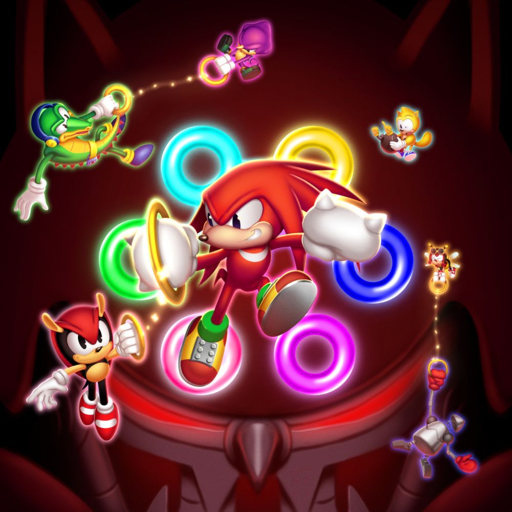 An illustration featuring all of the characters from Knuckles Chaotix and the Chaos rings.