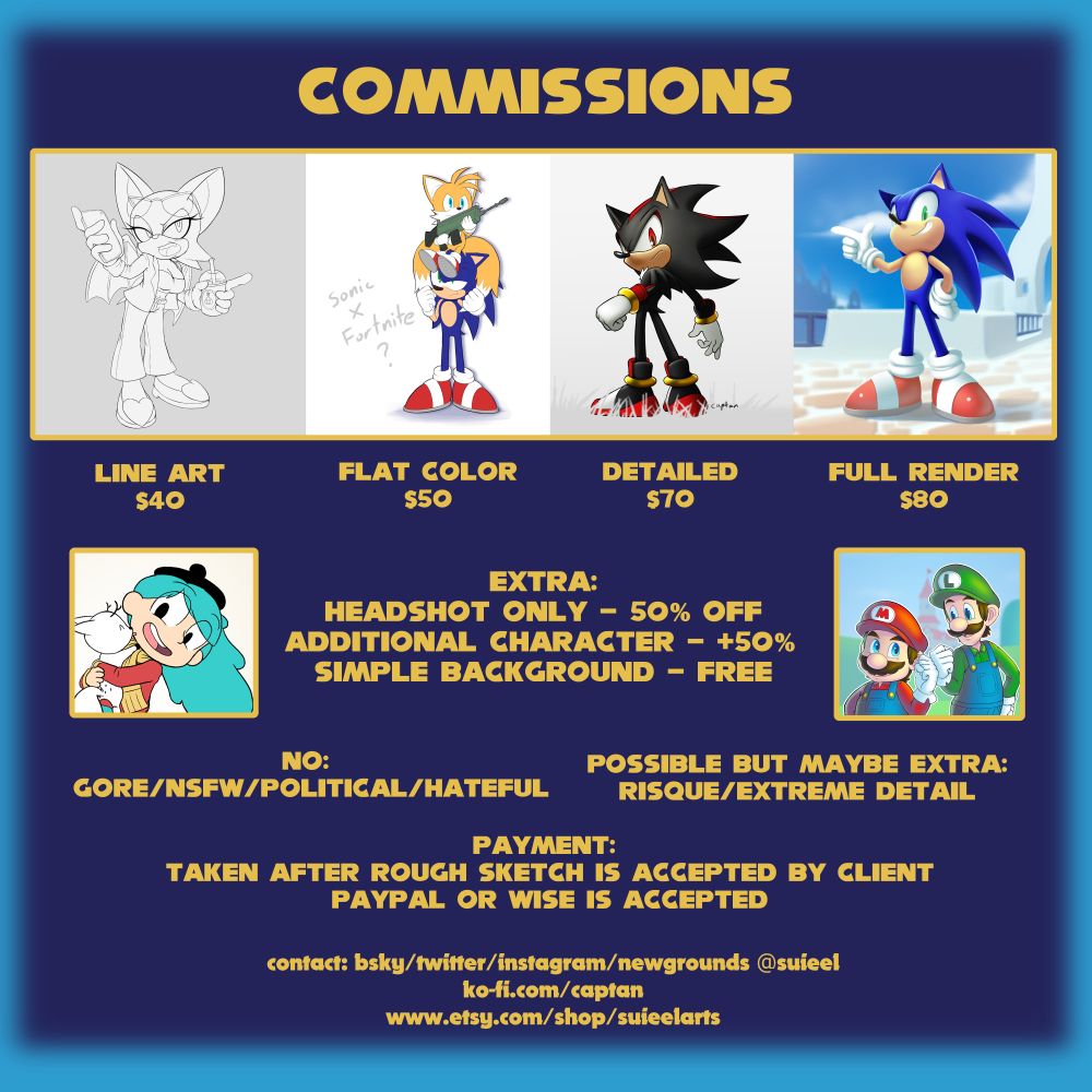 Art commission sheet. Line art: $40, Flat color: $50, detailed color: $70, full render lineless: $80