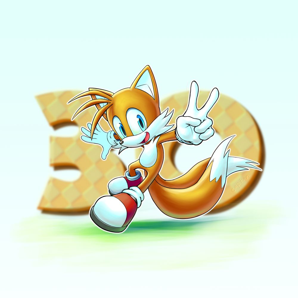 Illustration of Tails standing in-front of a stylized "30" for his 30th anniversary 