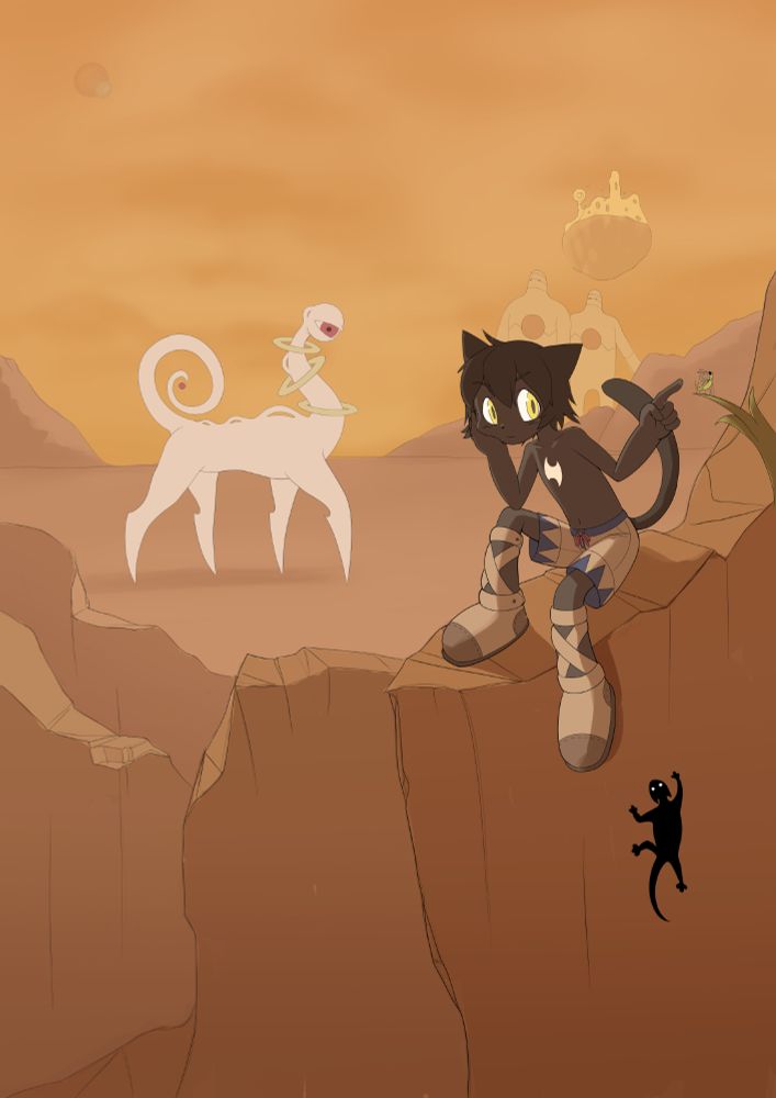 Character designs featuring an anthro cat character and some other monster like characters.