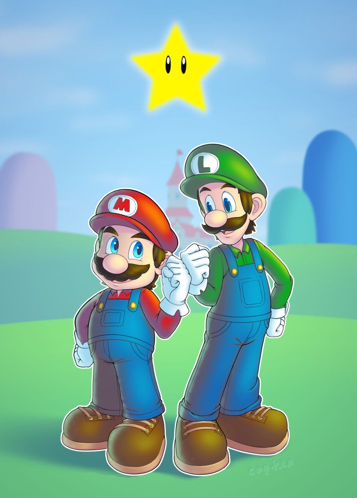 Mario and Luigi standing in the mushroom kingdom with a power star.