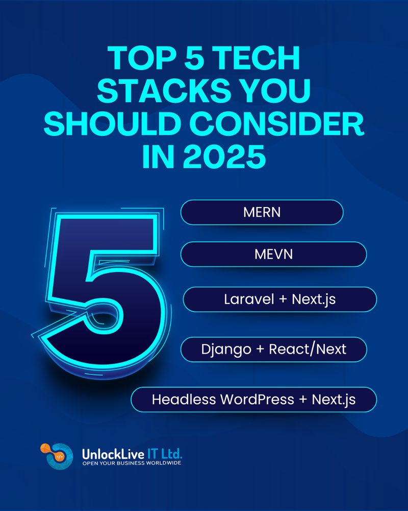 Top 5 Tech Stacks for 2025! Want a fast, scalable modern site or app? Trending picks: MERN, MEVN, Laravel + Next.js, Django + React/Next, Headless WordPress + Next.js. Choose smart. Build smart. Grow faster.
unlocklive.com/blog/choosing-the-right-tech-stack

#Tech2025 #WebDev #NextJS #Laravel
