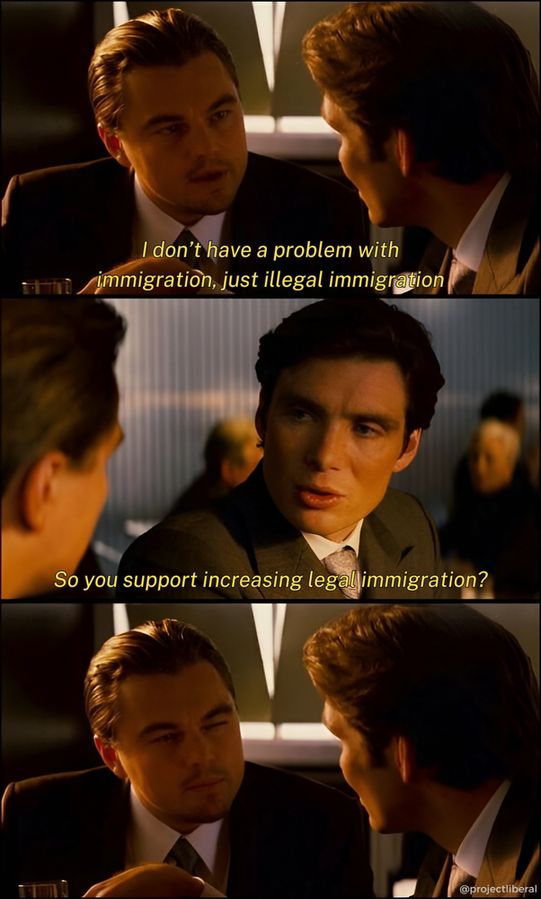   
A serious conversation between two men in a modern restaurant about immigration. One asserts he has no issue with immigration, just illegal immigration, while the other questions him about supporting increased legal immigration. Their differing views create a tense yet engaging dialogue.  
