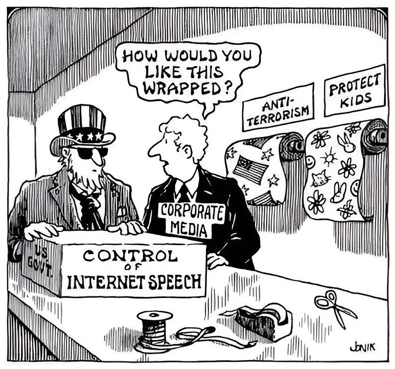   
A political cartoon depicts Uncle Sam, labeled "US GOV'T," pushing a box titled "CONTROL OF INTERNET SPEECH." Beside him, "CORPORATE MEDIA" inquires about how to wrap the package. Wrapping options include "ANTI-TERRORISM" and "PROTECT KIDS," highlighting the satirical commentary on how government and media may use various excuses to manage information control. Scissors, tape, and ribbon are present, visualizing the process of wrapping this controversial topic.  
