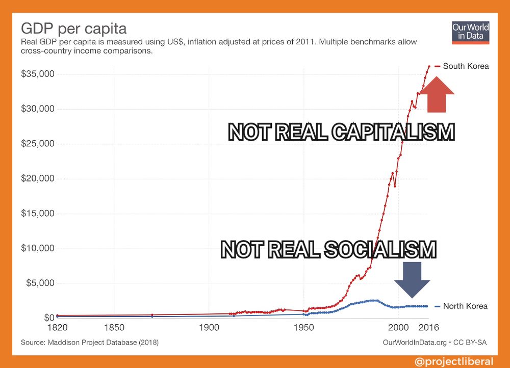   
This meme illustrates the stark contrast in GDP per capita between South Korea and North Korea from 1820 to 2016. The red line representing South Korea shows significant economic growth, while the blue line for North Korea remains largely flat. The labels "NOT REAL CAPITALISM" and "NOT REAL SOCIALISM" critique both economic systems. The data is sourced from the Maddison Project Database and highlighted by Our World in Data and @projectliberal.  
