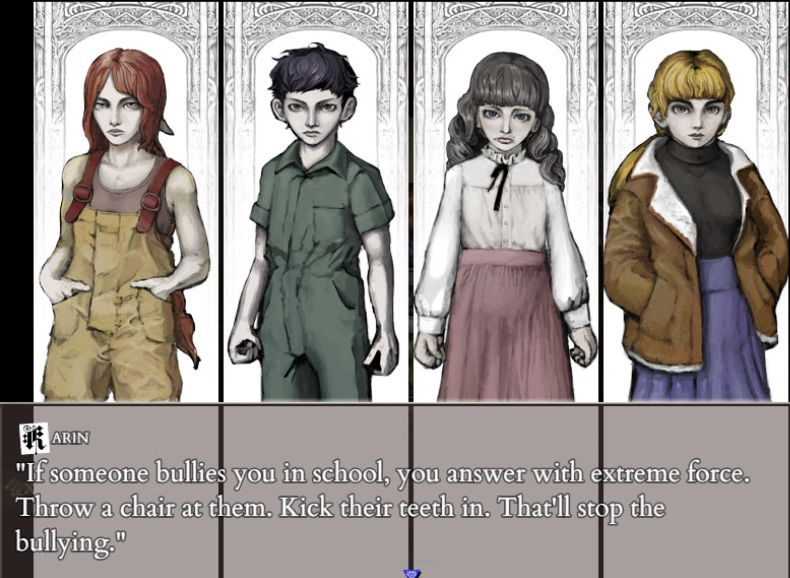 Screenshot from the 2022 game, Fear and Hunger 2: Termina. Party banter triggers in which the character Karin Sauer says, "If someone bullies you in school, you answer with extreme force. Throw a chair at them. Kick their teeth in. That'll stop the bullying."