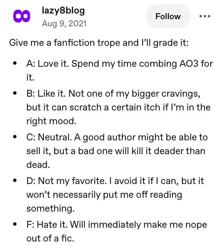 Give me a fanfiction trope and I’ll grade it: 

A: Love it
B: Like it
C: Neutral
D: Not my favorite 
F: Hate it 