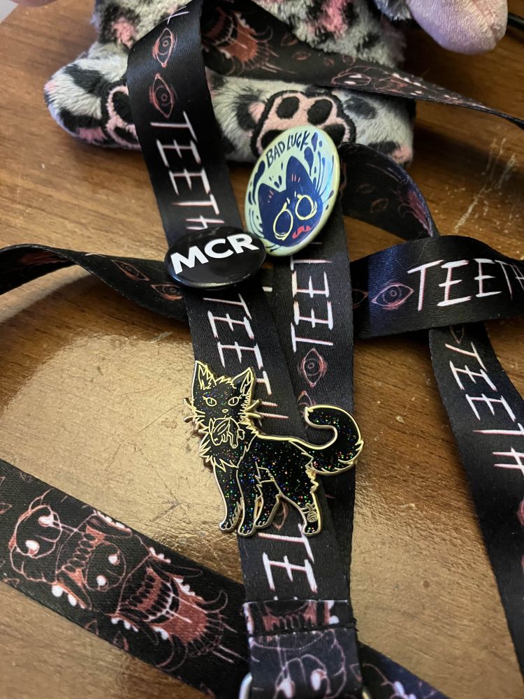 A photo of a lanyard with pins on it. The lanyard is black and one side of the fabric has the text TEETH repeating on it. The other side has canine muzzles with teeth that are overlapping. The lanyard has an enamel pin that's a cat holding a rabbit in its mouth. The pin is colored with black glitter. There are two button pins. One is black with the text "MCR". The other is a draw of a distressed looking black cat face that says "Bad Luck"