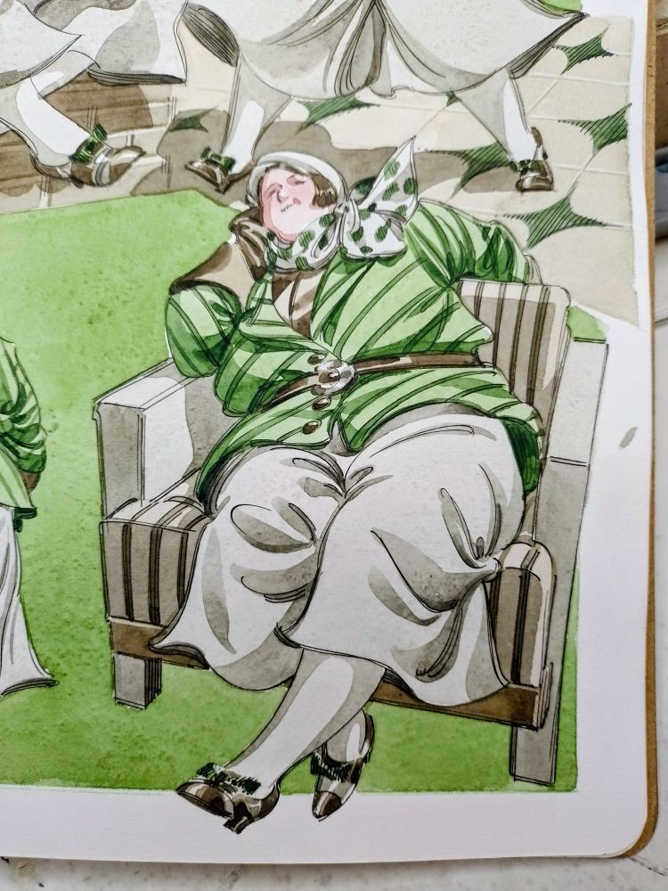 Detalhe de uma página do sketchbook mostrando uma mulher gorda e jovem, vestida com uma jaqueta e pantalonas e boina dos anos 1930, descansando numa grande poltrona listrada.