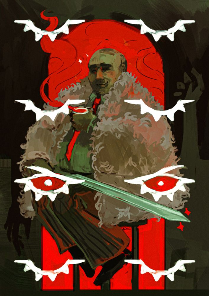 A large man with a white fur coat holding a cup of coffee/blood.
4 pairs of eyes are overlayed, the 3rd set are open.